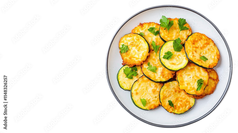 Delicious Zucchini Fritters Served on a White Plate with Greens Delicious Zucchini Fritters Served on a White Plate with Greens
