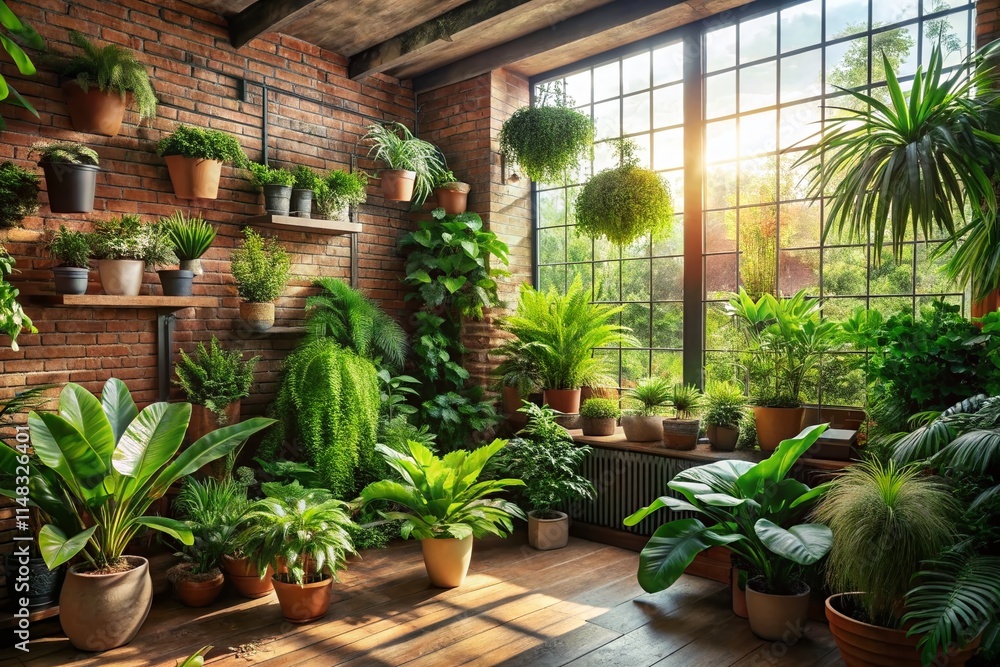 Obraz premium Serene Indoor Garden Room: Lush Greenery & Plant Photography