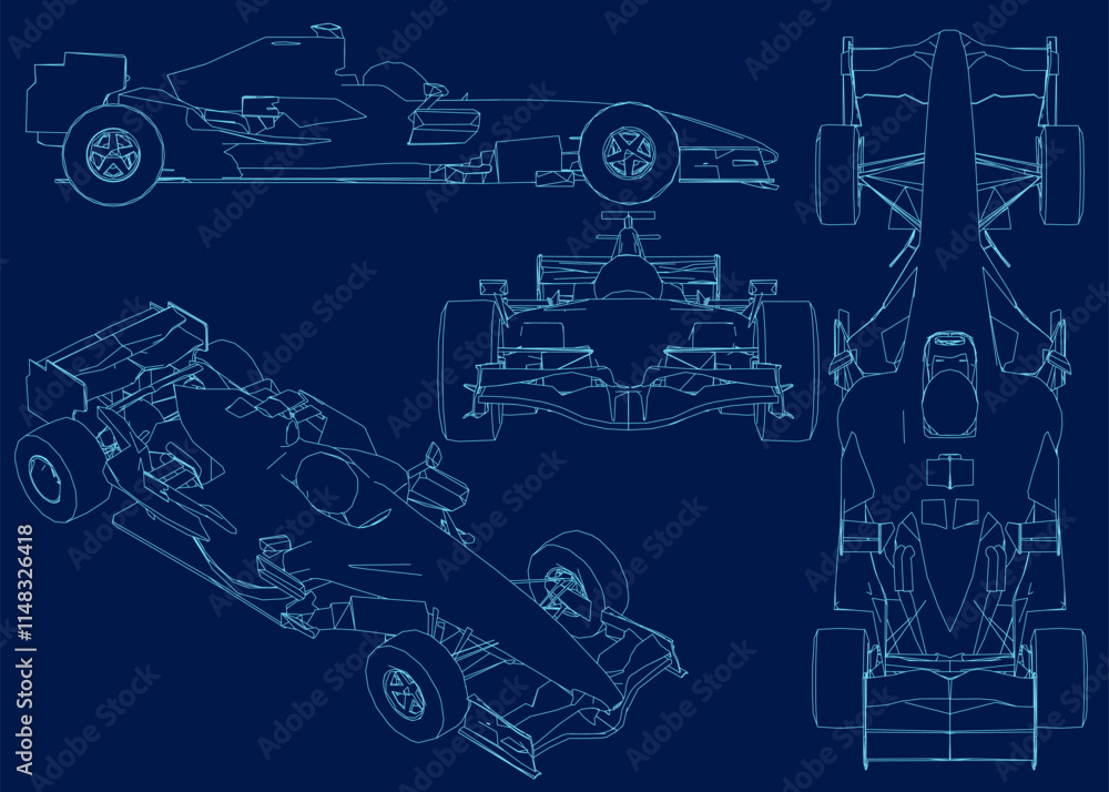 Fototapeta premium Set Contour of a F1 race car. Formula 1 Vector blueprint isolated on a blue background. Side, front, top, isometric view.