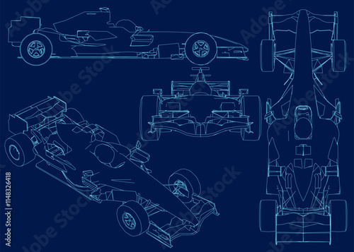 Set Contour of a F1 race car. Formula 1 Vector blueprint isolated on a blue background. Side, front, top, isometric view.