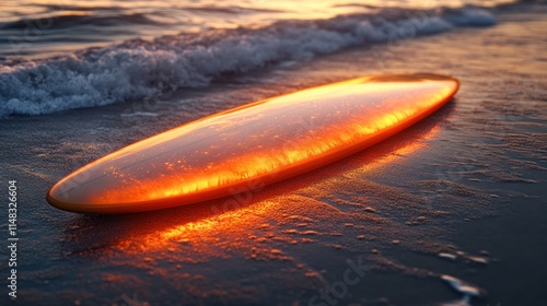 Glowing surfboard on sandy beach at sunset.
