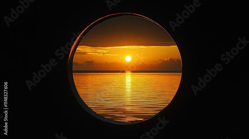 A dark silhouette of a circular frame exposing a serene sunset with golden hues and glowing water reflections in the distance. photo