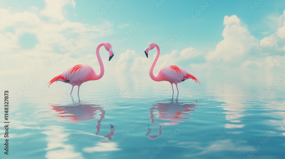 Fototapeta premium Pink Flamingos Mirrored in Turquoise Water, Dreamy Romance