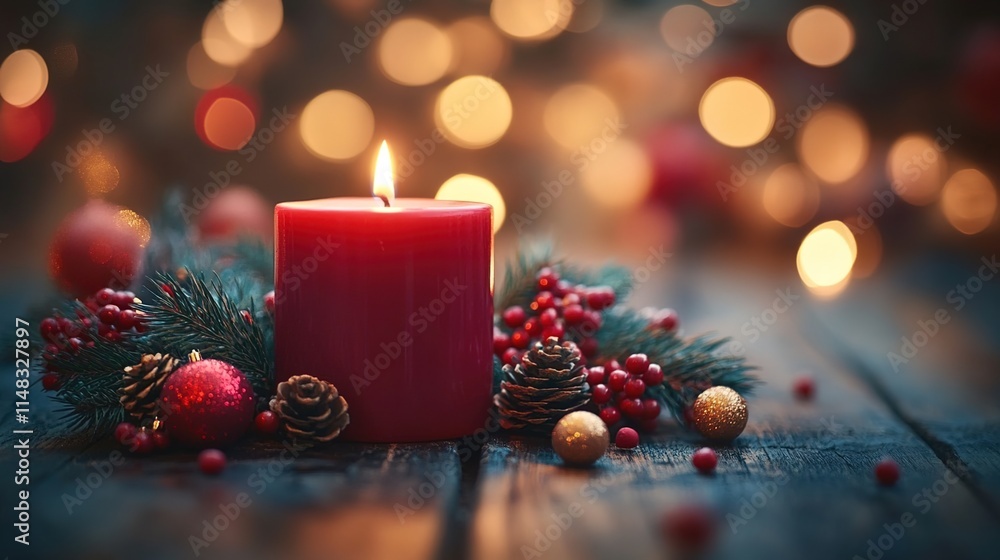 A red candle sits on a wooden table, surrounded by Christmas decorations and bokeh lights in the background. A red candle sits on a wooden table, surrounded by Christmas decorations and bokeh lights in the background.