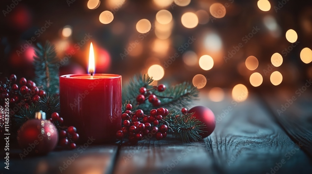 A red candle sits on a wooden table, surrounded by Christmas decorations and bokeh lights in the background. A red candle sits on a wooden table, surrounded by Christmas decorations and bokeh lights in the background.