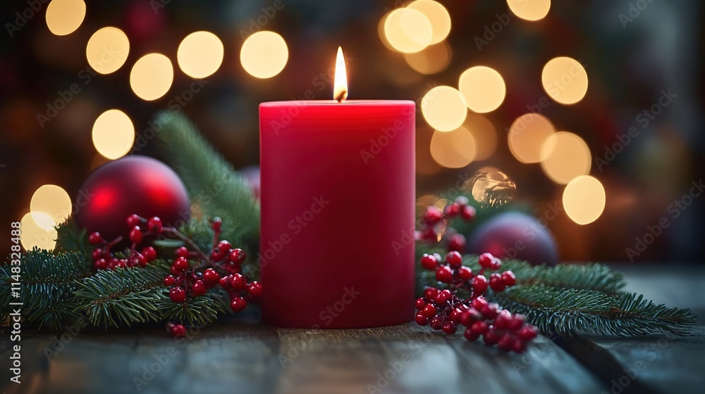 A red candle sits on a wooden table, surrounded by Christmas decorations and bokeh lights in the background. A red candle sits on a wooden table, surrounded by Christmas decorations and bokeh lights in the background.
