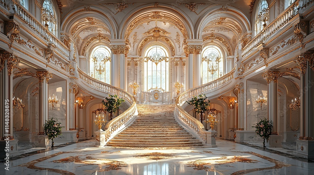 Obraz premium A grand staircase in an opulent hall with ornate decor and natural light.