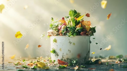 A vibrant salad bursting with fresh ingredients and falling leaves, illuminated by soft light. Save the planet concept. photo