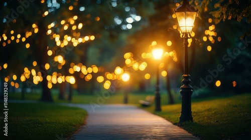 A tranquil park walkway at night with warm streetlights casting golden glows and bokeh-style blurred light patterns in the background. photo