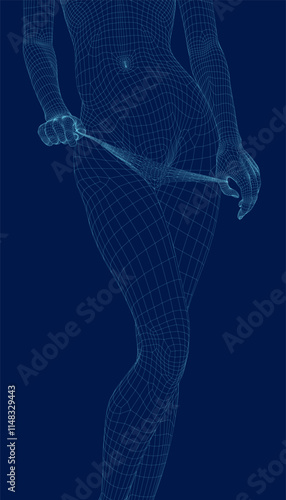 Woman in bikini panties blue wireframe. The girl takes off her panties with her hands