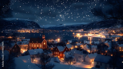 36. A serene Christmas night in Norway, with candlelit windows and a starry sky photo