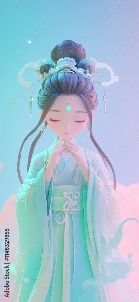 3D beautiful Hanfu ancient style girl illustration isolated on the background