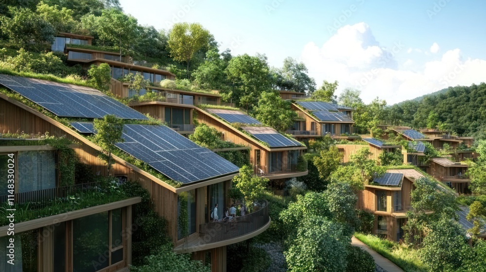Eco-friendly hillside homes with solar panels and green roofs. Eco-friendly hillside homes with solar panels and green roofs.
