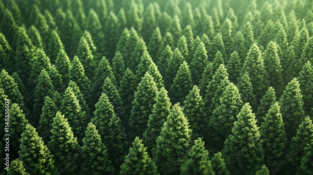 Lush green coniferous forest with dense tree coverage and soft light filtering through the branches. Save the planet concept. Lush green coniferous forest with dense tree coverage and soft light filtering through the branches. Save the planet concept.