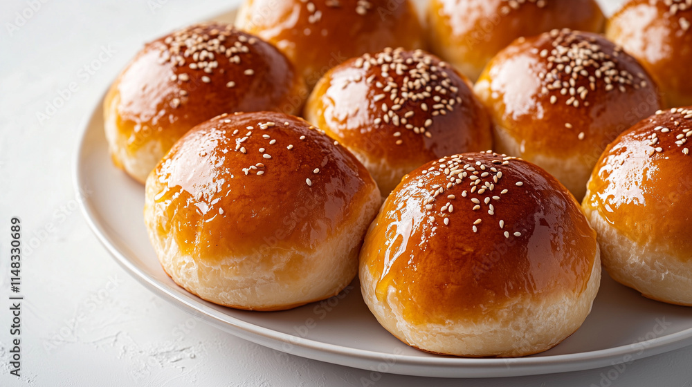 Glazed Chebakia Pastries with Sesame Seeds on a White Plate