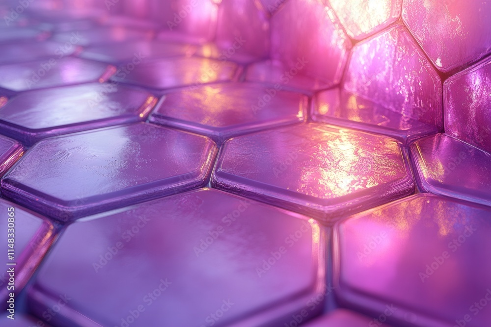 A close-up of glossy hexagonal tiles with a colorful, reflective surface. A close-up of glossy hexagonal tiles with a colorful, reflective surface.