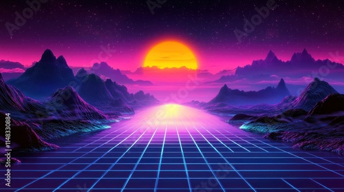 Retro Futuristic Sunset Over Mountains and Grid Landscape