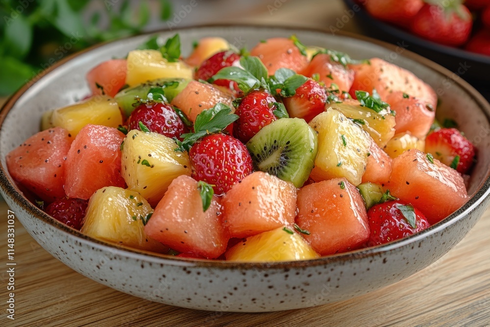 Fresh fruit salad with watermelon, strawberries, pineapple, and kiwi in a bowl. Fresh fruit salad with watermelon, strawberries, pineapple, and kiwi in a bowl.