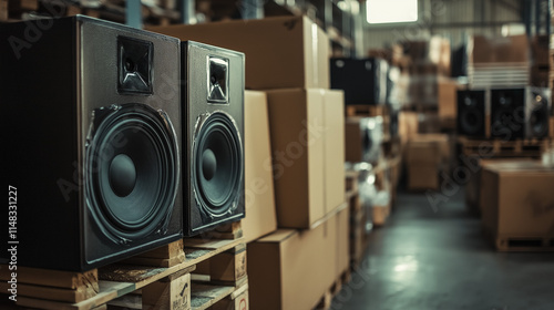 Wallpaper Mural Cardboard boxes stacked high display speakers that showcase the impressive immersive sound quality and audio experience offered Torontodigital.ca