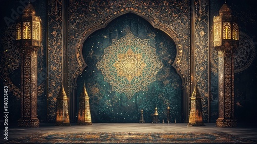 Ornate archway with gold and teal detailing, lamps, and rug.