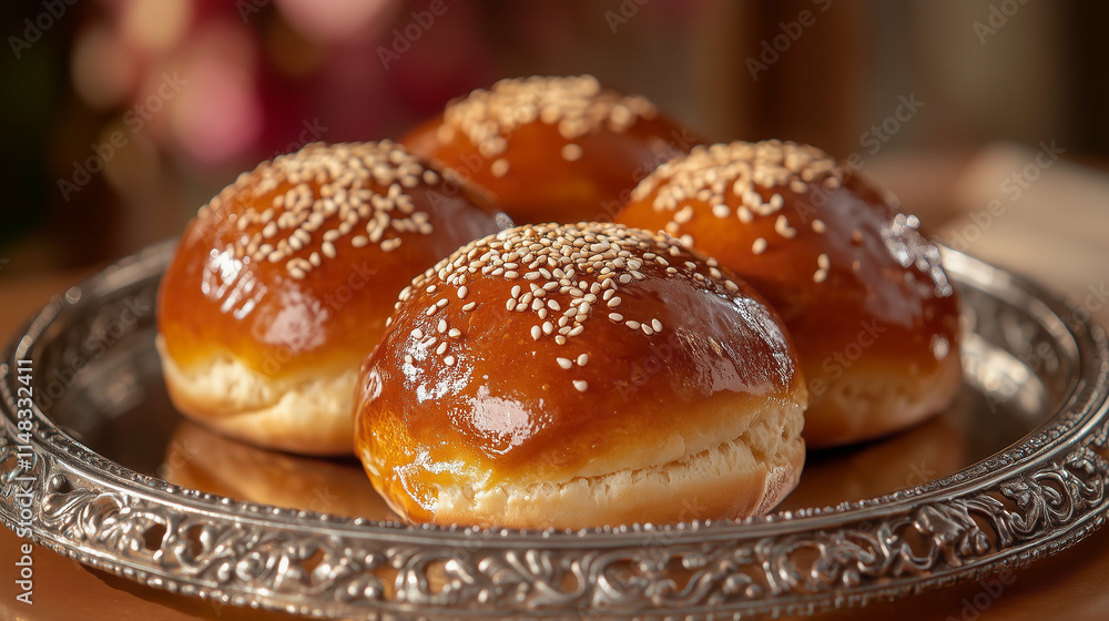 Moroccan Chebakia Pastries with Sesame Seeds on Ornate Tray Moroccan Chebakia Pastries with Sesame Seeds on Ornate Tray