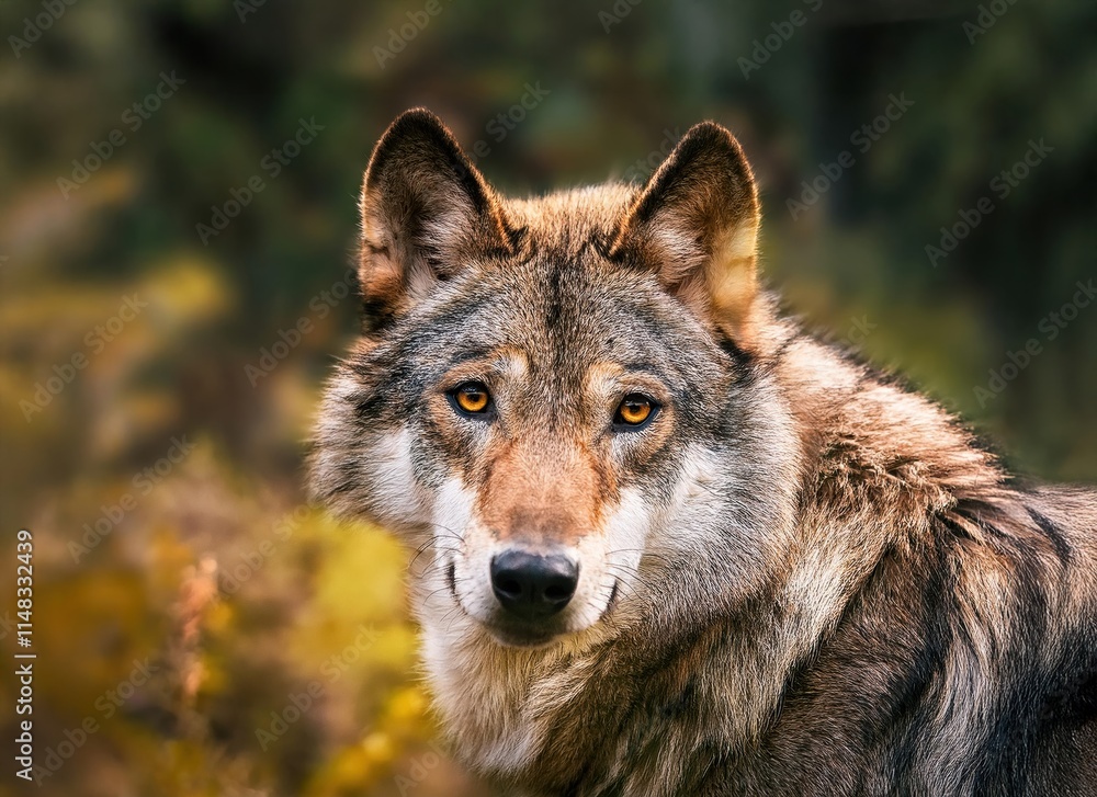 wolf in the forest, wolf looking at camera wolf in the forest, wolf looking at camera