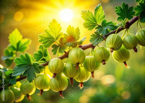 Silhouette Green Gooseberry Bush, Garden Silhouette Photography, Backlit Gooseberry Branch, Silhouette Fruit, Nature Silhouette photo