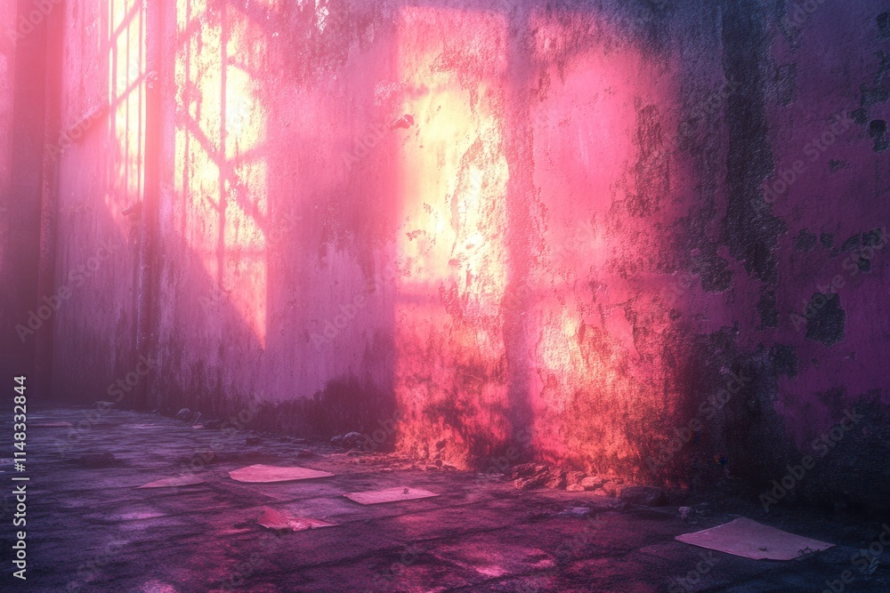 A dimly lit, abandoned space with vibrant light casting shadows on peeling walls. A dimly lit, abandoned space with vibrant light casting shadows on peeling walls.