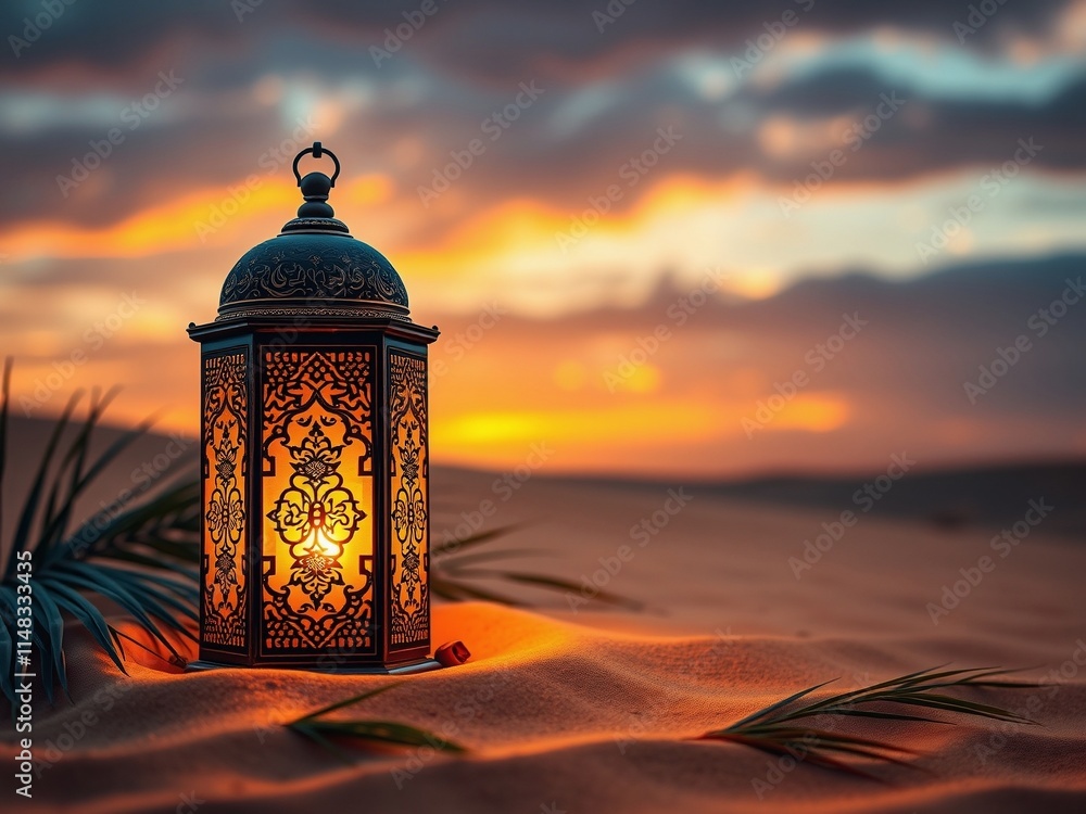 A decorative lantern glowing on sand dunes during a sunset, creating a serene atmosphere. A decorative lantern glowing on sand dunes during a sunset, creating a serene atmosphere.