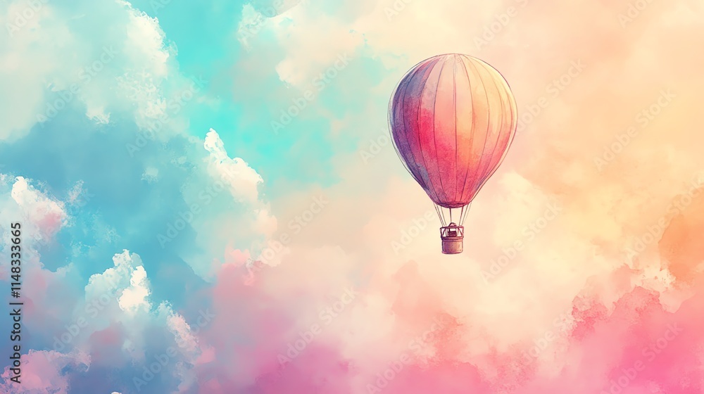 Fototapeta premium Watercolor design of a whimsical hot air balloon floating in a pastel sky.--ar 16:9