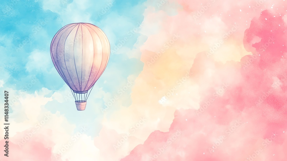 Fototapeta premium Watercolor design of a whimsical hot air balloon floating in a pastel sky.--ar 16:9