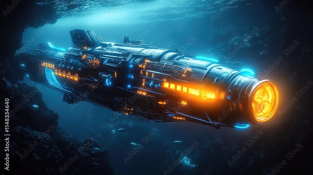 A submarine with glowing lights is seen underwater in the ocean A submarine with glowing lights is seen underwater in the ocean