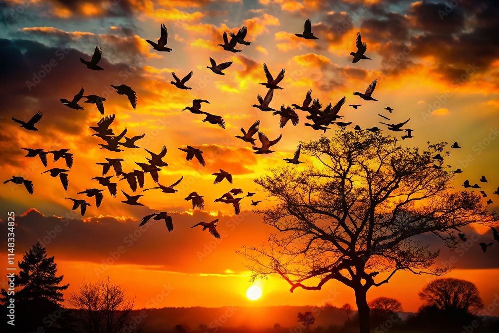 Fototapeta premium Silhouette Photography: Birds Flying from Tree Branch at Sunset, Nature Wildlife Dark Background Image