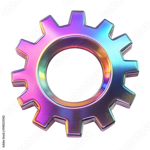 Holographic 3D metallic gear icon illustration isolated on white & transparent a background. photo