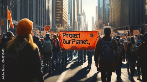 A crowd marches holding a banner advocating for environmental protection in an urban setting. Save the planet concept. photo