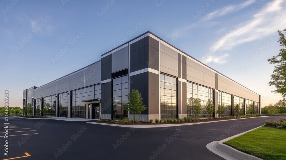 Modern industrial building with large windows and ample parking. Modern industrial building with large windows and ample parking.