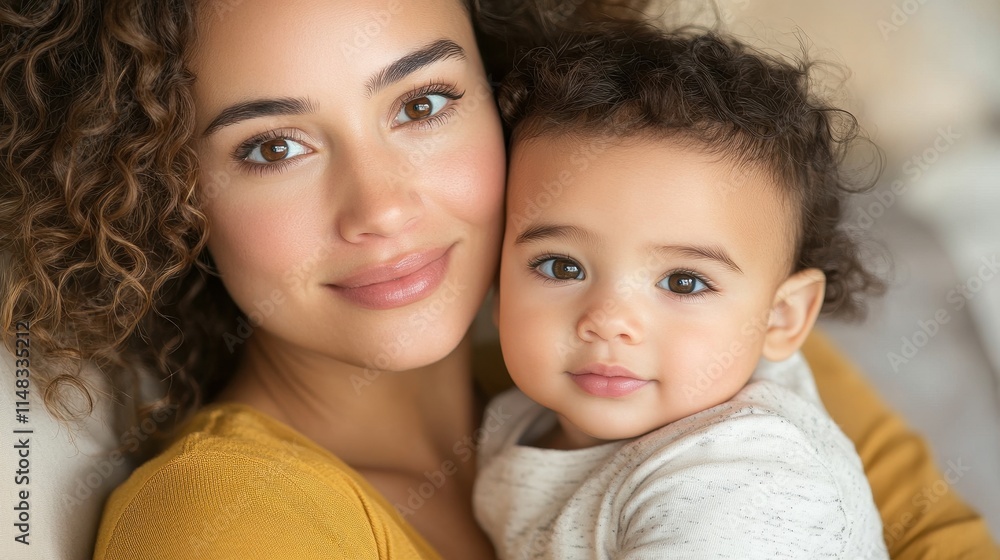 Loving Mother Embraces Baby with Joyful Expression in Soft Light Loving Mother Embraces Baby with Joyful Expression in Soft Light