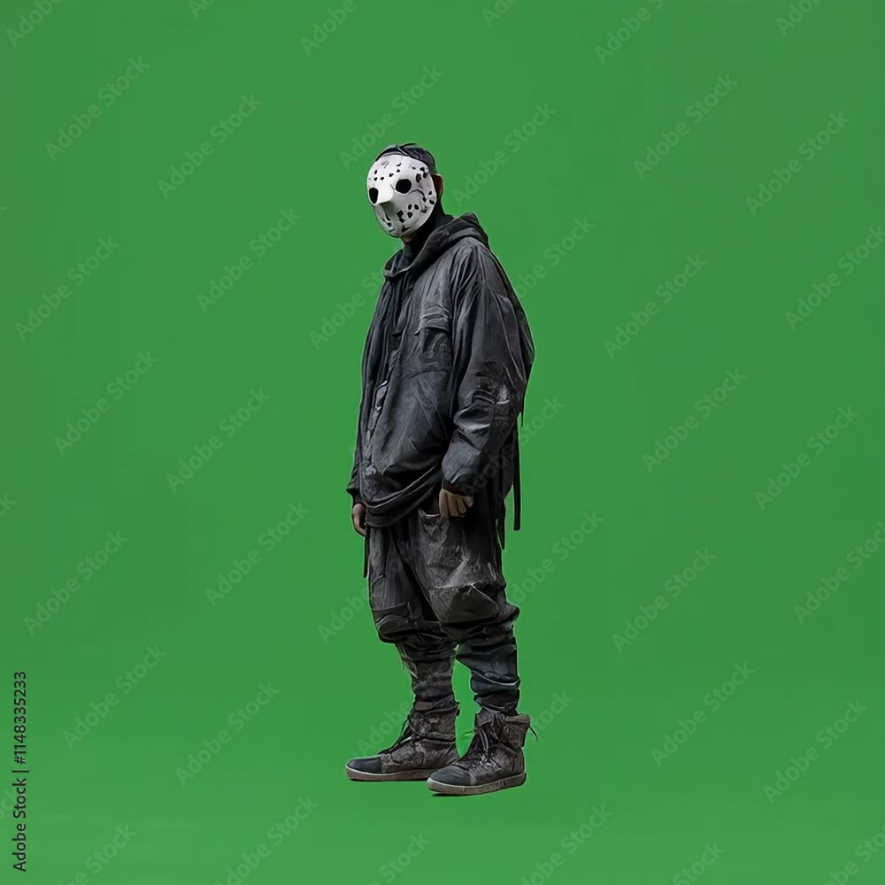 A person in a killer mask and hazmat suit, green screen video stock. A person in a killer mask and hazmat suit, green screen video stock.