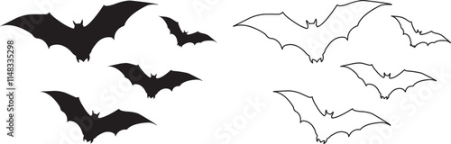 Halloween Bats icon in flat, line set. isolated on transparent background Halloween concept Horrific black bats swarm Flying fox night creatures. bats traditional Horror group vector for apps web