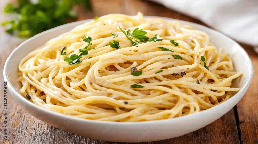 A delicious plate of spaghetti topped with herbs, served in a white bowl, showcasing a classic Italian dish that A delicious plate of spaghetti topped with herbs, served in a white bowl, showcasing a classic Italian dish that