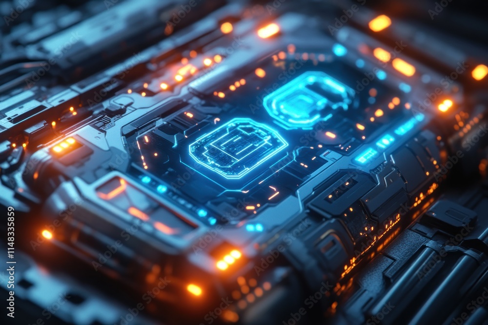 Close-up of futuristic glowing circuit board with blue and orange lights. Close-up of futuristic glowing circuit board with blue and orange lights.