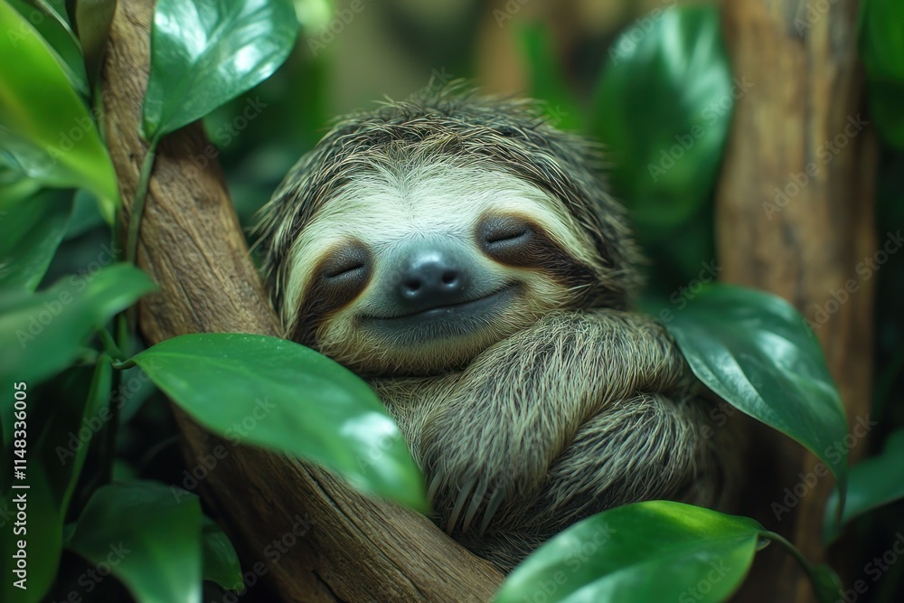 Fototapeta premium Adorable baby sloth nestled in lush green foliage, appearing content and peaceful.