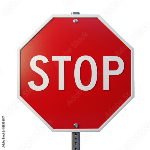 Stop sign on pole, red with white text, octagonal shape, indicating stop at intersection or junction photo