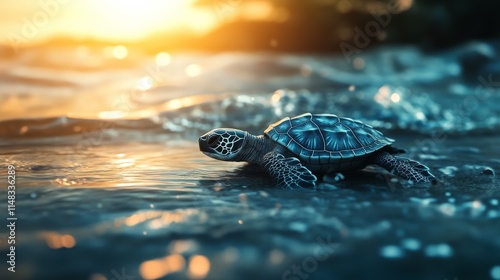 A turtle swims through shimmering water during a vibrant sunset. Save the planet concept. photo