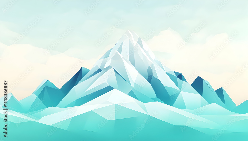 Fototapeta premium Low-poly mountain peak, serene sky, background clouds, nature website banner.