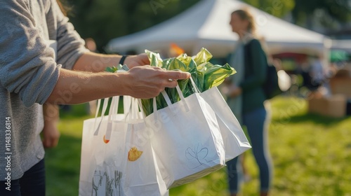 A person holds eco-friendly bags filled with fresh produce at an outdoor market. Save the planet concept. photo