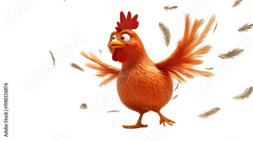 Obraz na płótnie Cheerful Cartoon Chicken with Orange Feathers and Flapping Wings