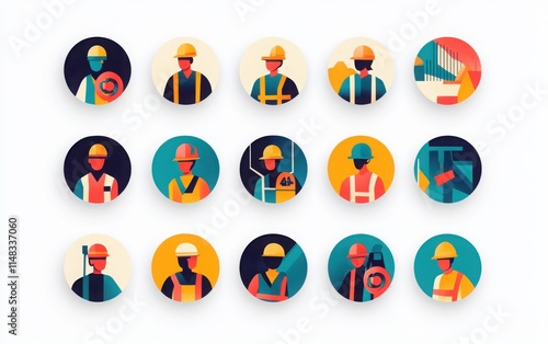 A set of vibrant flat vector icons featuring construction workers with safety helmets, each character portrayed in a round background. 