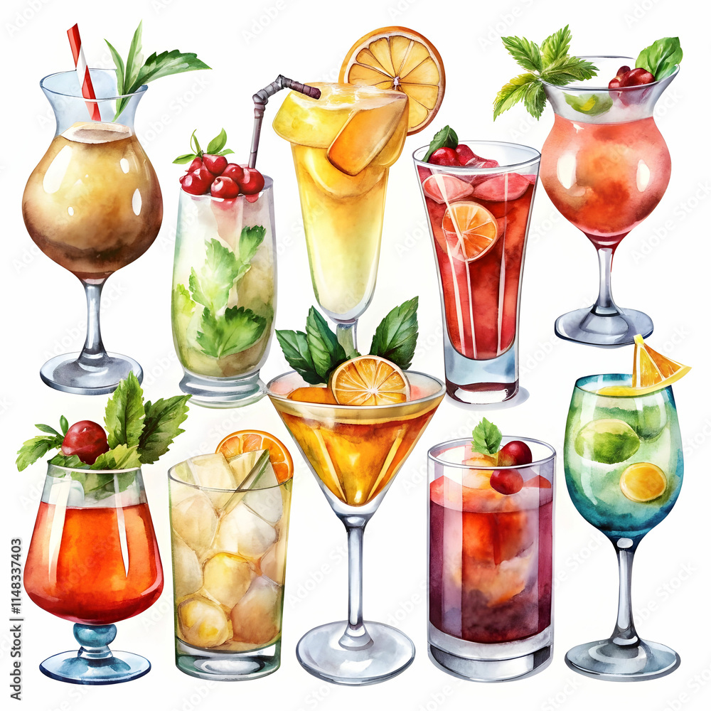 Fototapeta premium Alcohol Cocktail Collection in Watercolor Style Illustration