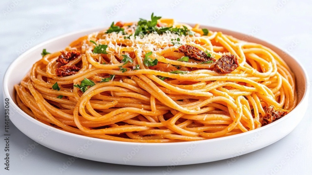 A delicious plate of spaghetti topped with herbs, sun-dried tomatoes, and grated cheese, showcasing Italian cuisine's vibrant flavors. A delicious plate of spaghetti topped with herbs, sun-dried tomatoes, and grated cheese, showcasing Italian cuisine's vibrant flavors.